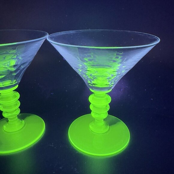 Seneca Theodule Clear Top Green Uranium Stem Optic Cut Top Sherbets Cups Set 2 - Picture 3 of 14